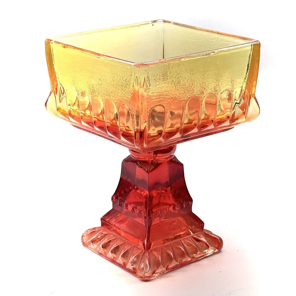 Vintage Jeanette Painted Amberina Glass Footed Candy Dish. Wedding Cake Box MCM